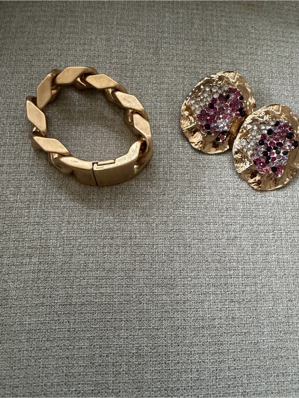 Zara Gold-Tone Chain Bracelet and Crystal Button Earrings Set - Gold and Pink-